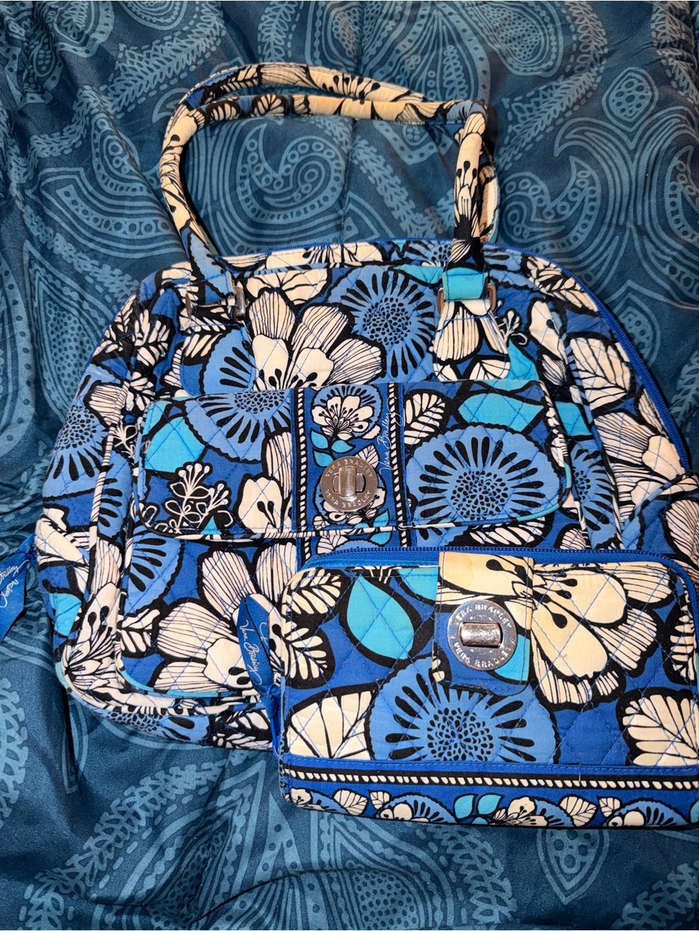 Vera Bradley Blue and Cream Floral Quilted Tote with Matching Wallet